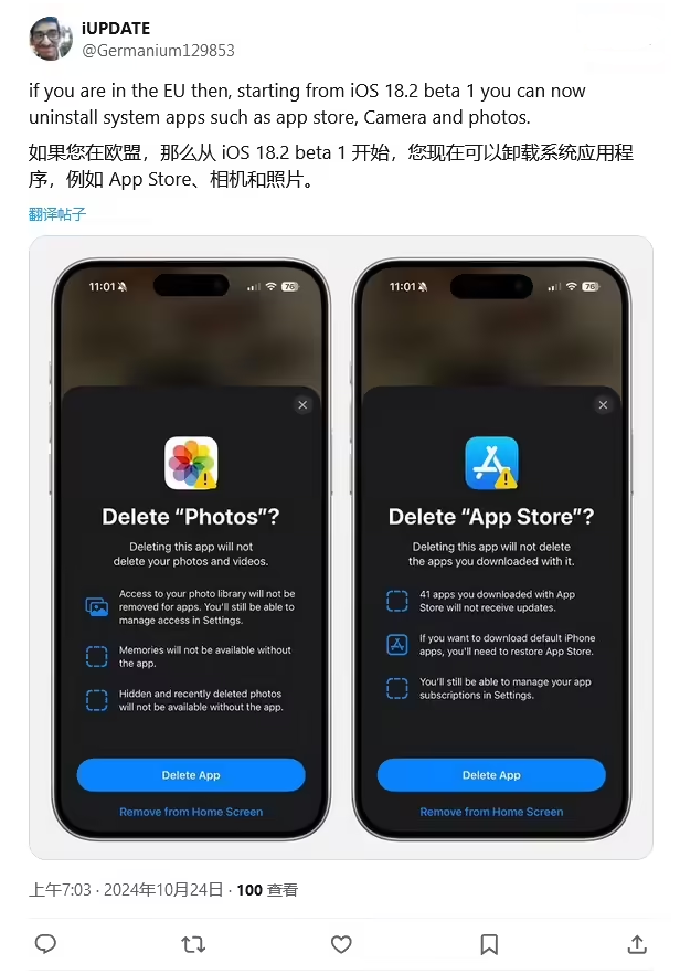 丹江口苹果手机维修分享iOS 18.2 支持删除 App Store 应用商店 