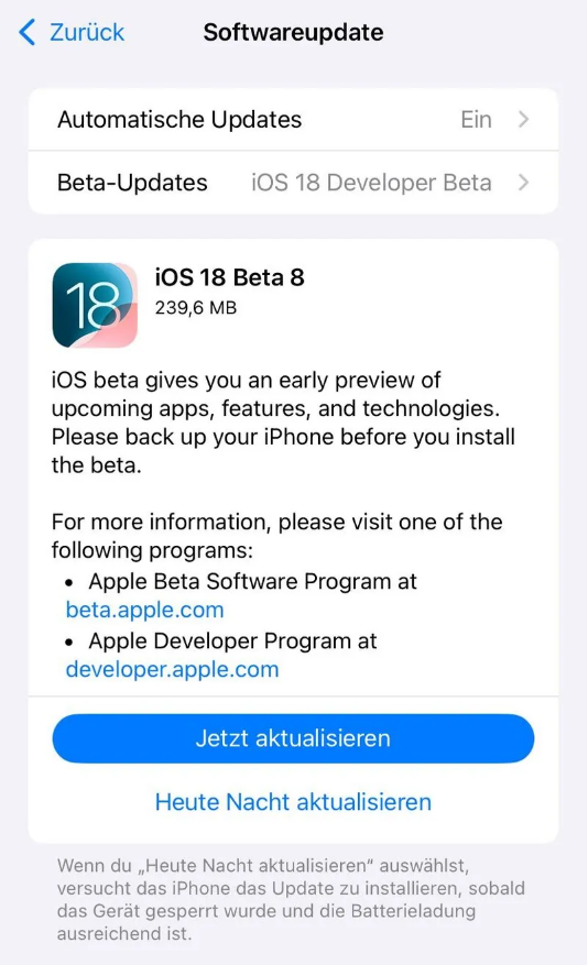 丹江口苹果手机维修分享苹果 iOS / iPadOS 18 开发者预览版 Beta 8 发布 